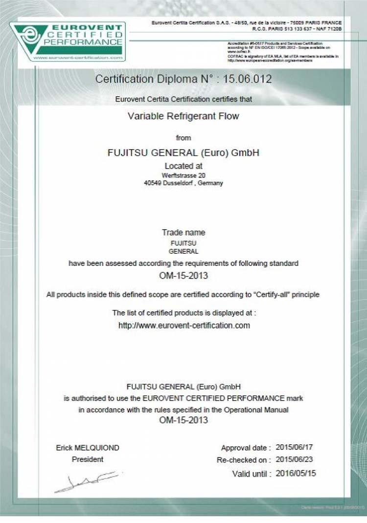 Systemy FUJITSU VRF Airstage z certyfikatem EUROVENT